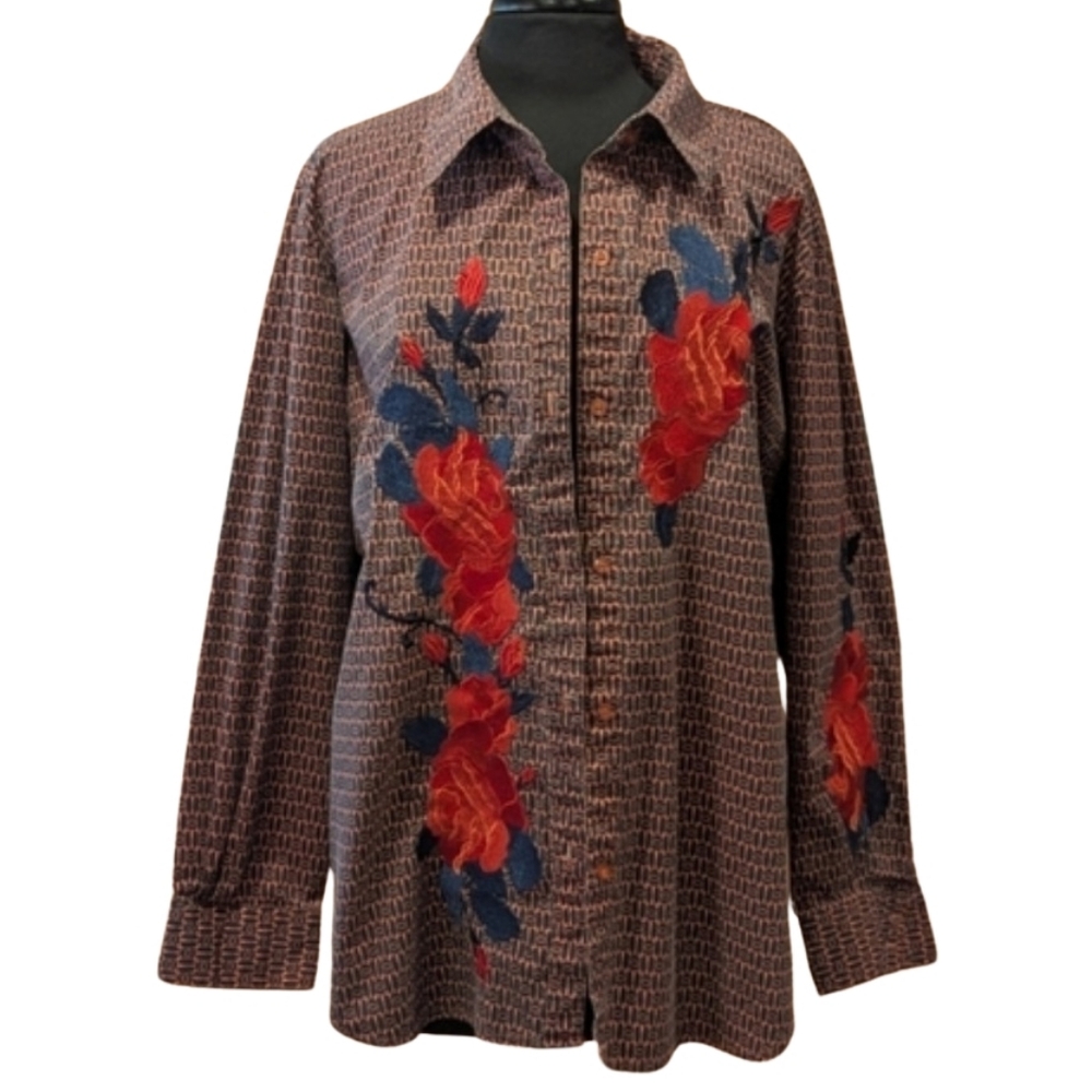 Vintage Cotton Artsy Plus 2X Diane Gilman Floral Embroidered Button-Up Shirt